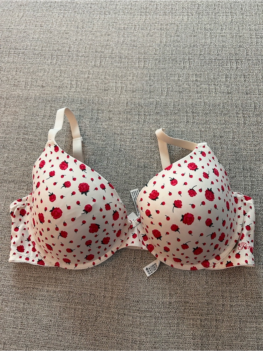 Victoria's Secret Pink White Bra with Red Rose Print Underwire Size 38D - Picture 1 of 5